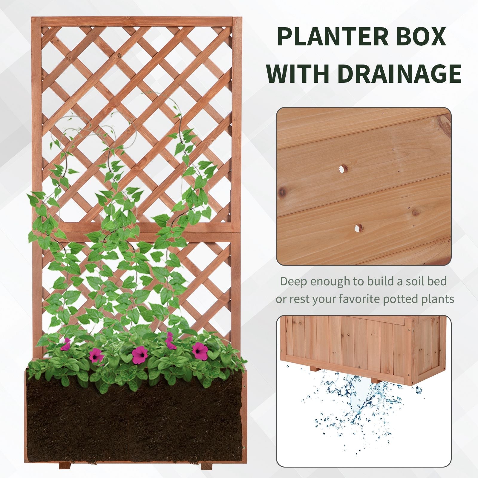 Outsunny Garden Wooden Pine Planter with Trellis for Climbing Plants Flower Raised Bed 2.4x1x4.9ft Orange 