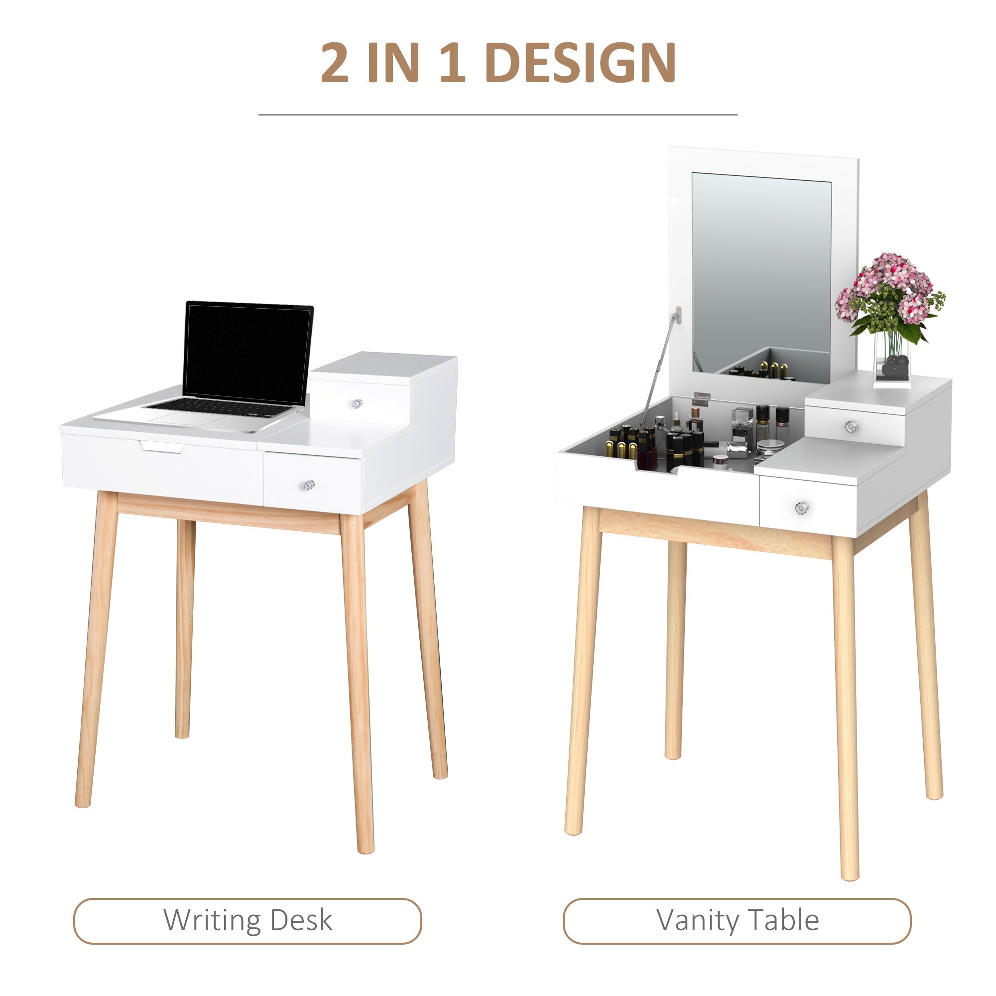 HOMCOM Dressing Table with Flip-up Mirror Modern Make Up Desk 2 Drawers Bedroom Furniture White 