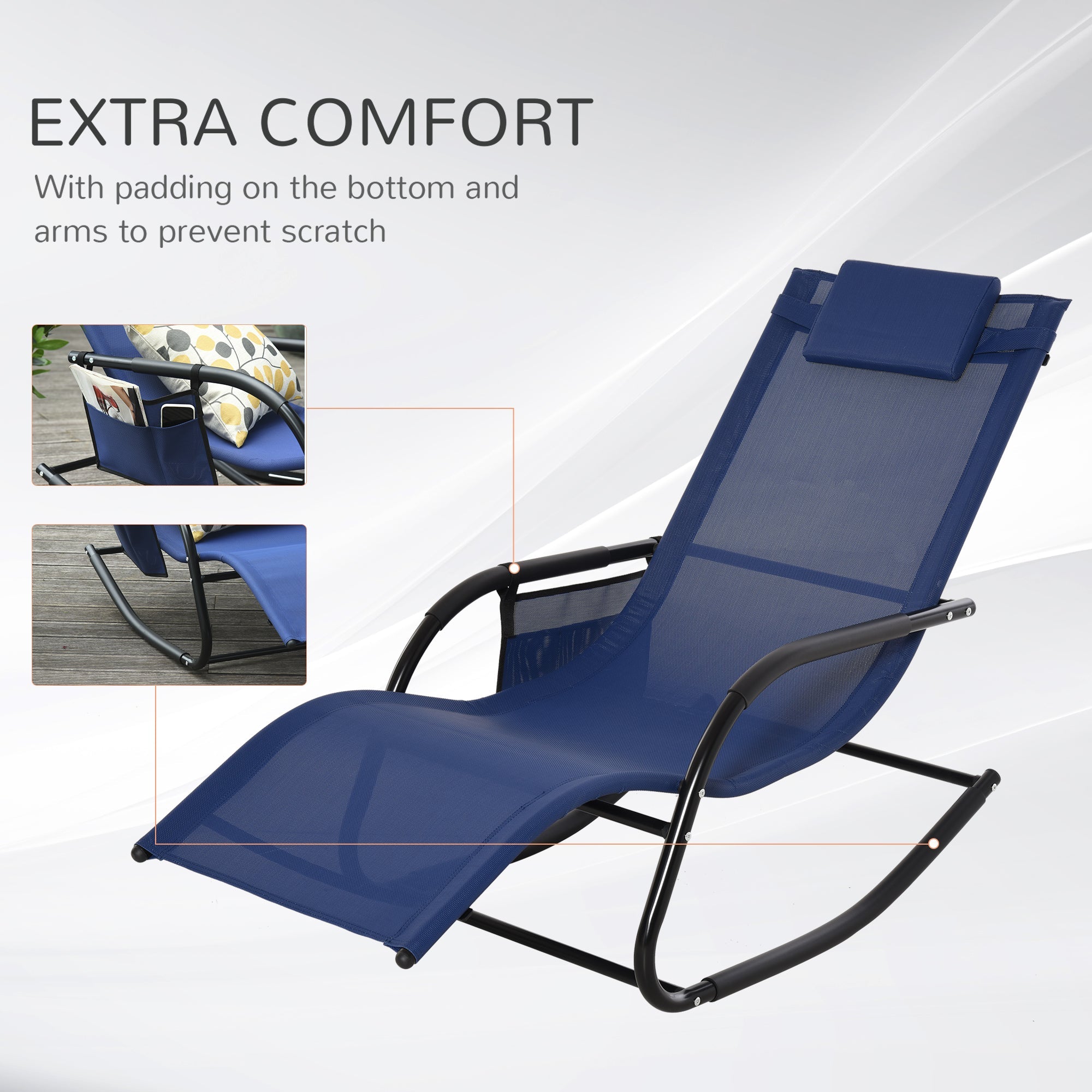 Outsunny Outdoor Rocking Recliner, Sling Sun Lounger with Removable Headrest and Side Pocket for Garden, Patio and Deck, Blue 