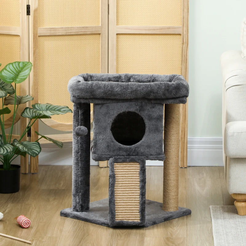 Cat Tree, Small Cat Tower with Perch, Scratching Post, Cat Condo, Toy Ball for Kitty, Indoor Use, Dark Grey