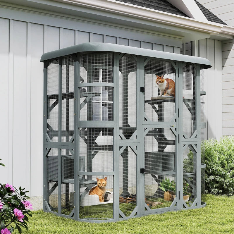 Catio Outdoor Cat Enclosure, 71" Wooden Cat House with Platforms, Condos and Waterproof Cover for 2–3 Kittens, Grey