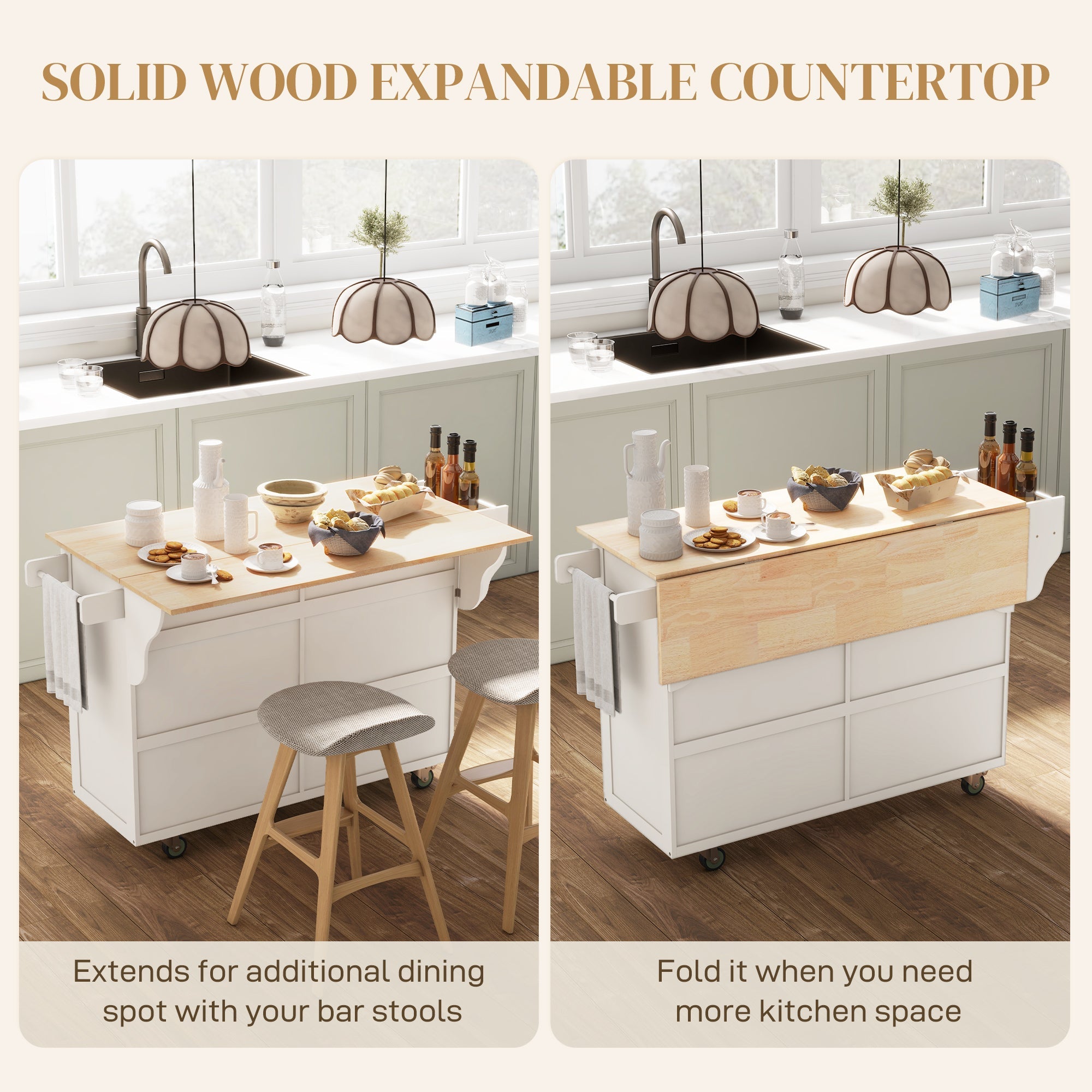 HOMCOM Kitchen Island with Storage, Rolling Kitchen Island with Drop Leaf, Rubber Wood Top and Adjustable Shelves, Cream White 