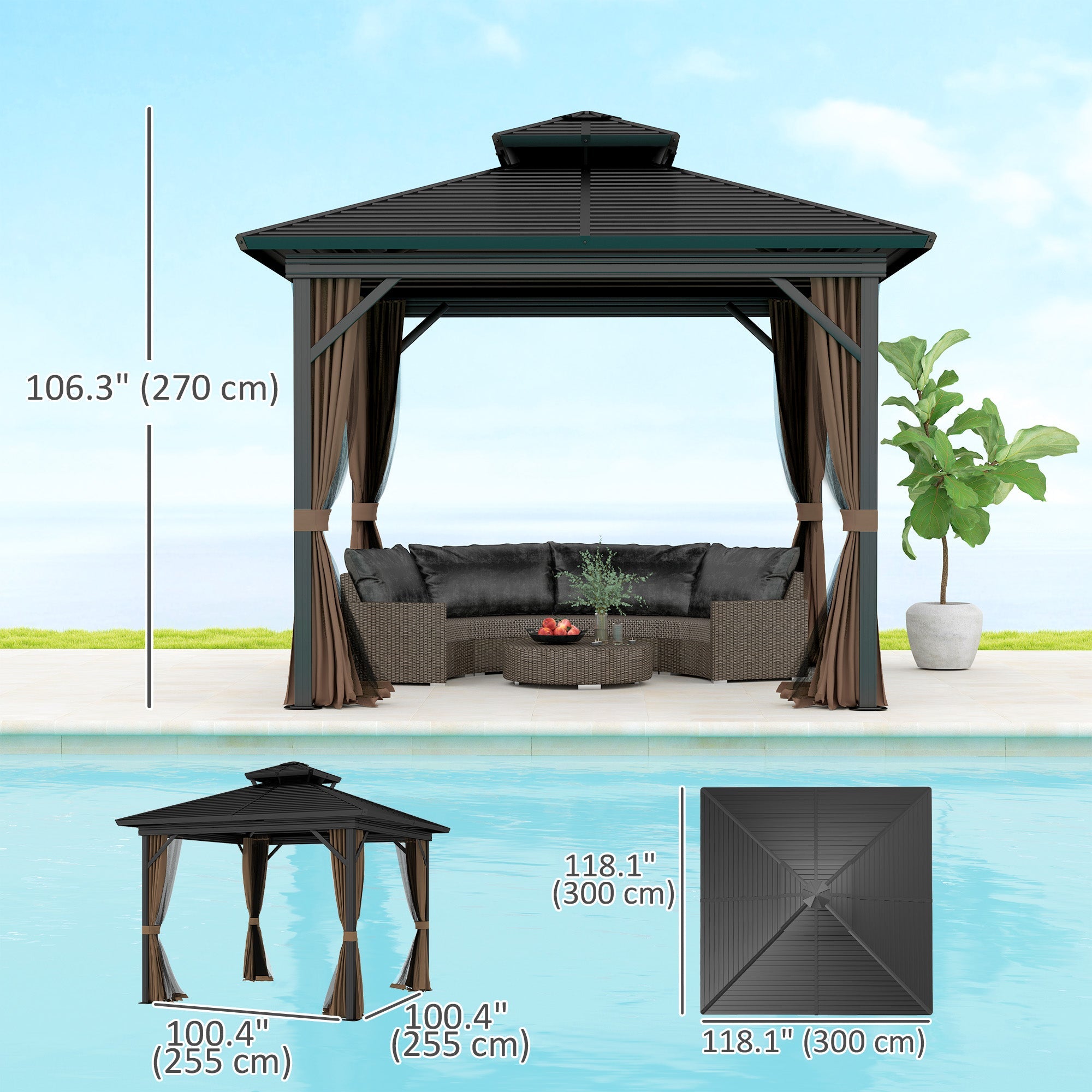 Outsunny 10' x 10' Hardtop Gazebo, Sun Shelter with Double Tier Metal Roof, Mosquito Netting, and Hanging Hook, Dark Brown 