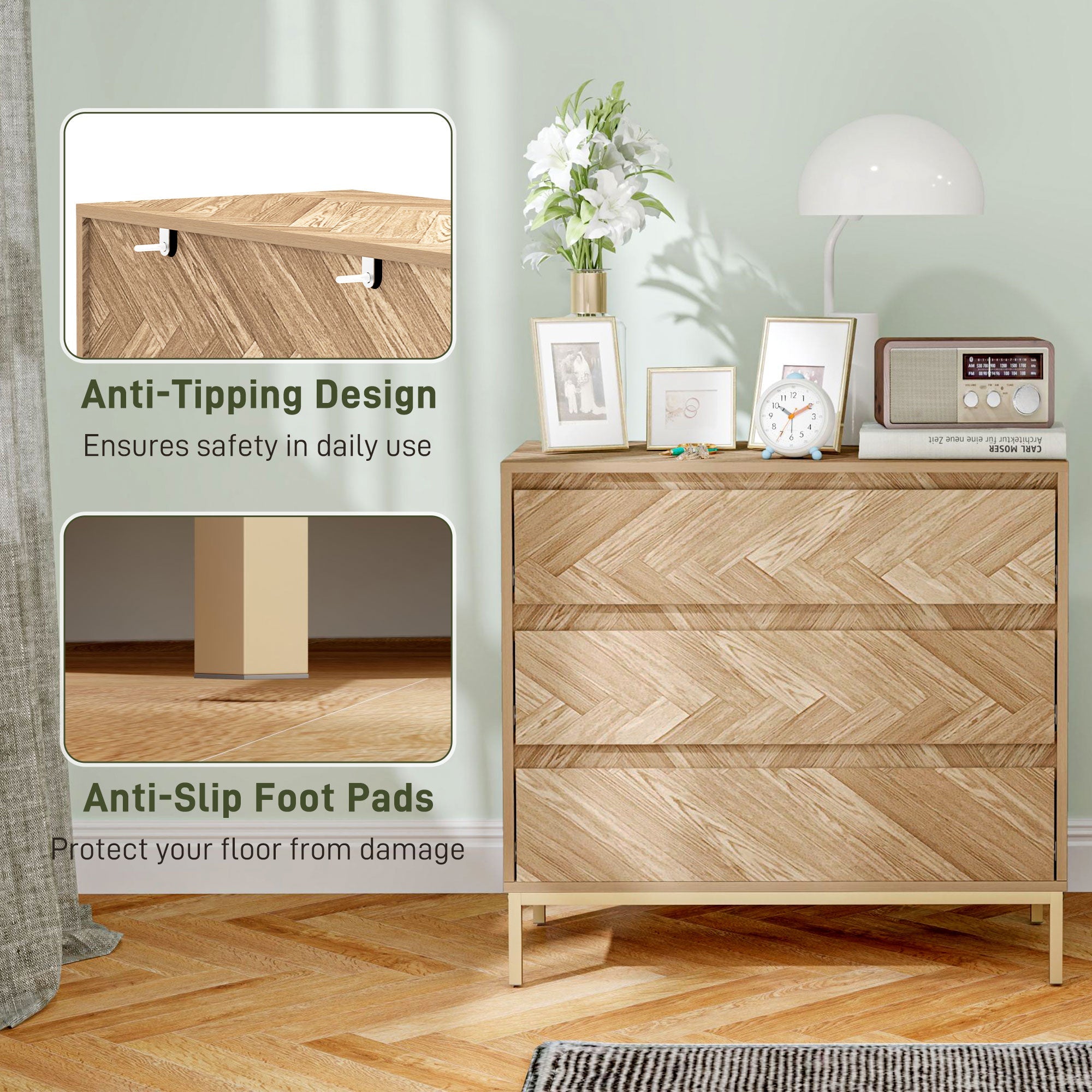 HOMCOM Bedroom Chest of Drawers with Anti-tipping Design, Storage Cabinet with 3 Drawers for Living Room, Hallway, Nature Wood 