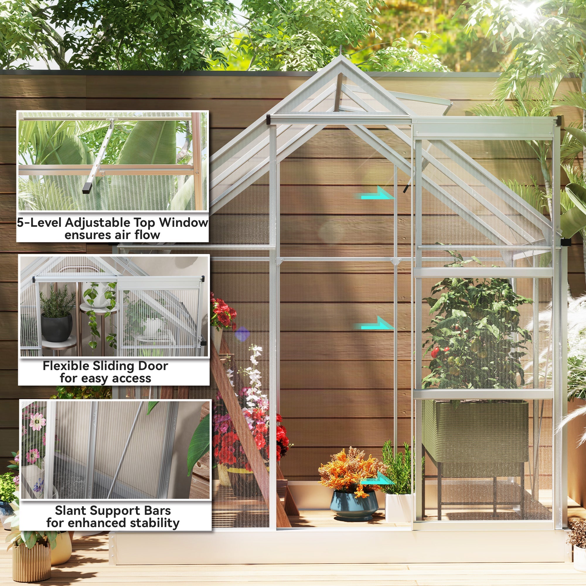 Outsunny Walk-In Greenhouse 6' x 4' Polycarbonate Aluminium Frame Sliding Door Window Foundation Silver 