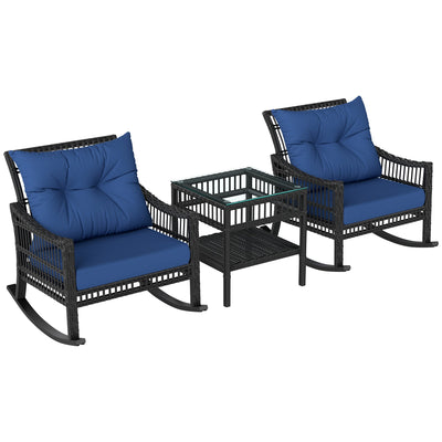 Outsunny 3 Pieces Outdoor PE Rattan Rocker Chair Set, Rocking Chair with Tempered Glass Table Top, 25"x26"x28", Dark Blue 