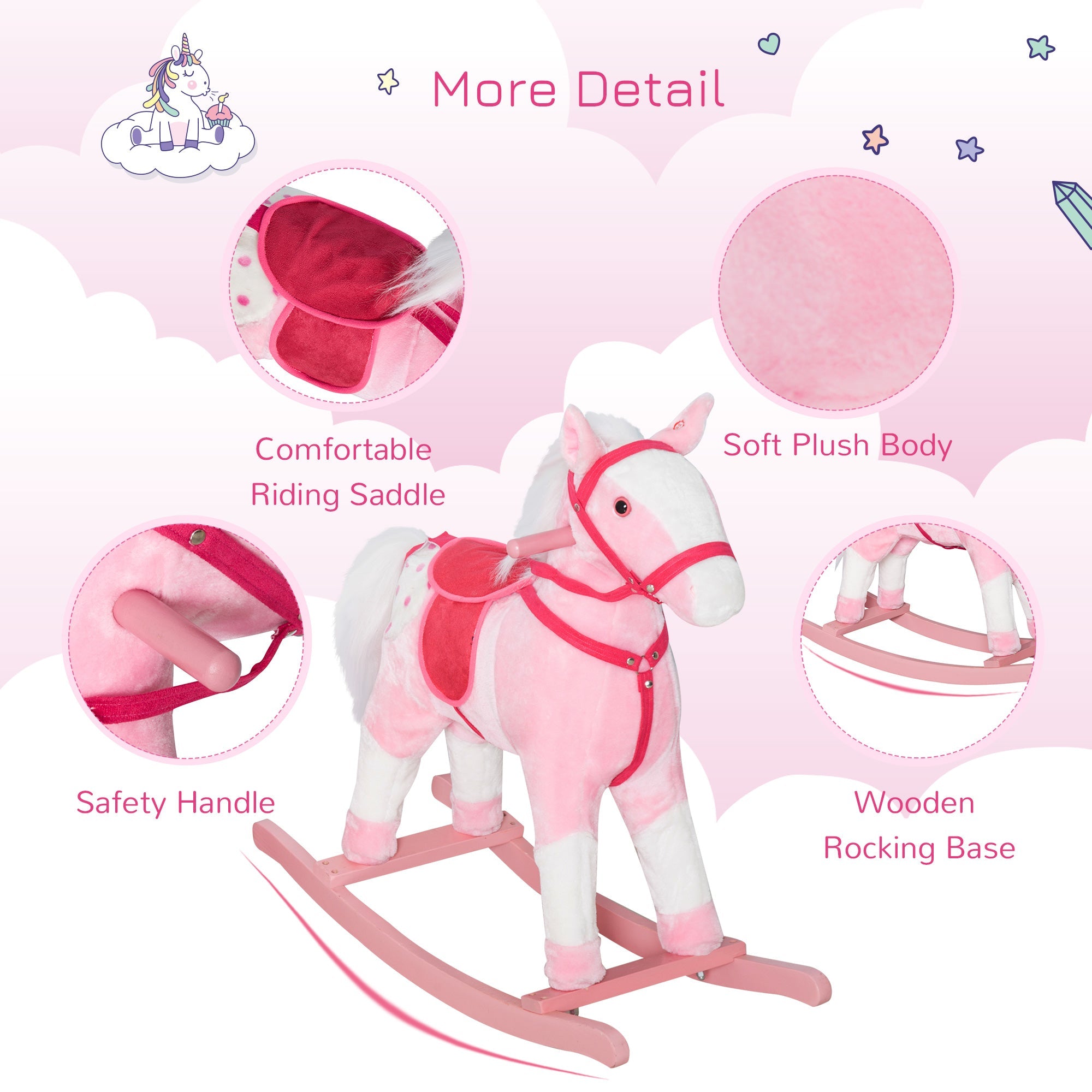 Qaba Rocking Plush Horse Poney Pony Children Kid Ride on Toy w/ Realistic Sound (Light Pink) 