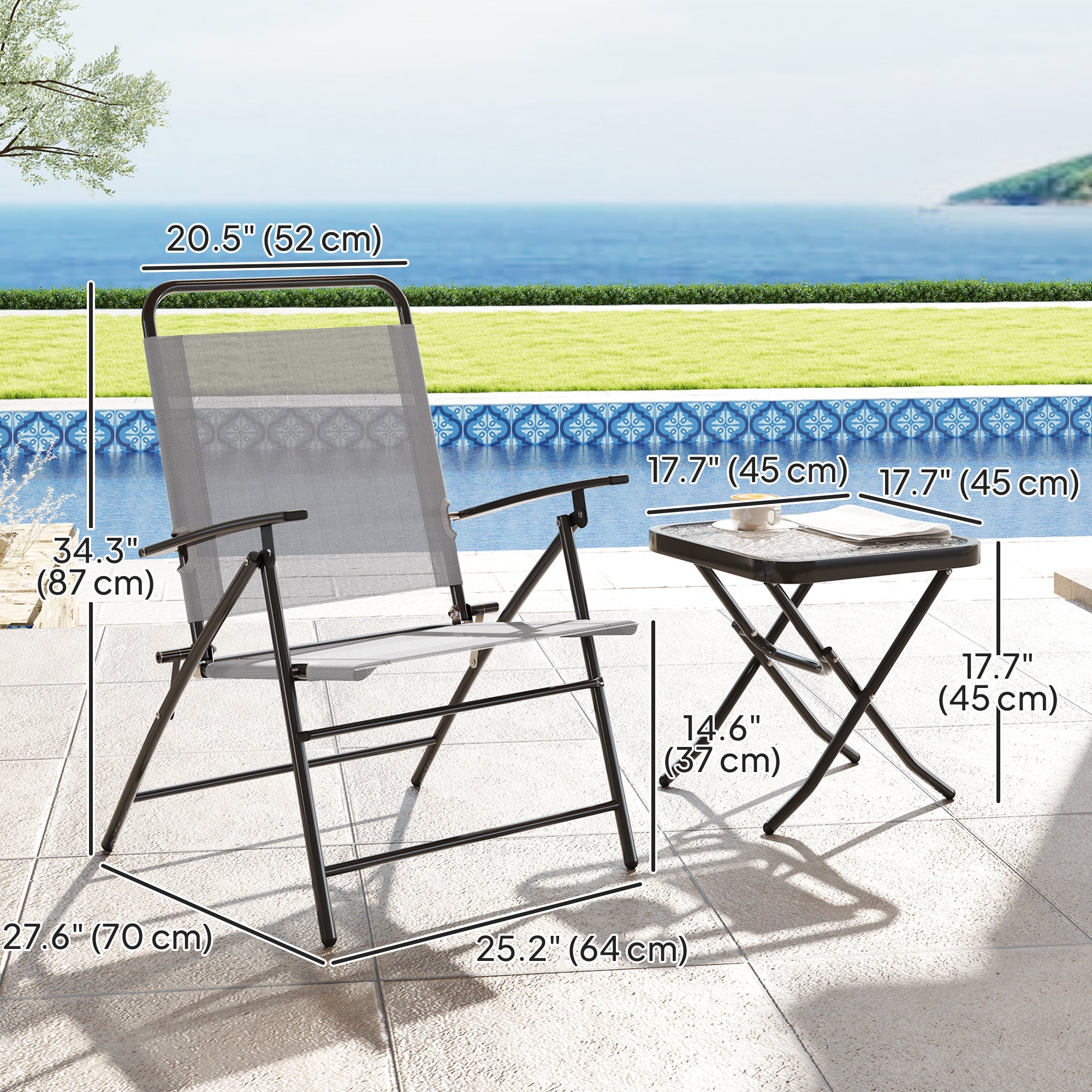 Outsunny Folding Bistro Set, Small Patio Set with Back Adjustable Chairs and Glass Top Table for Garden, Balcony, Porch, Grey 