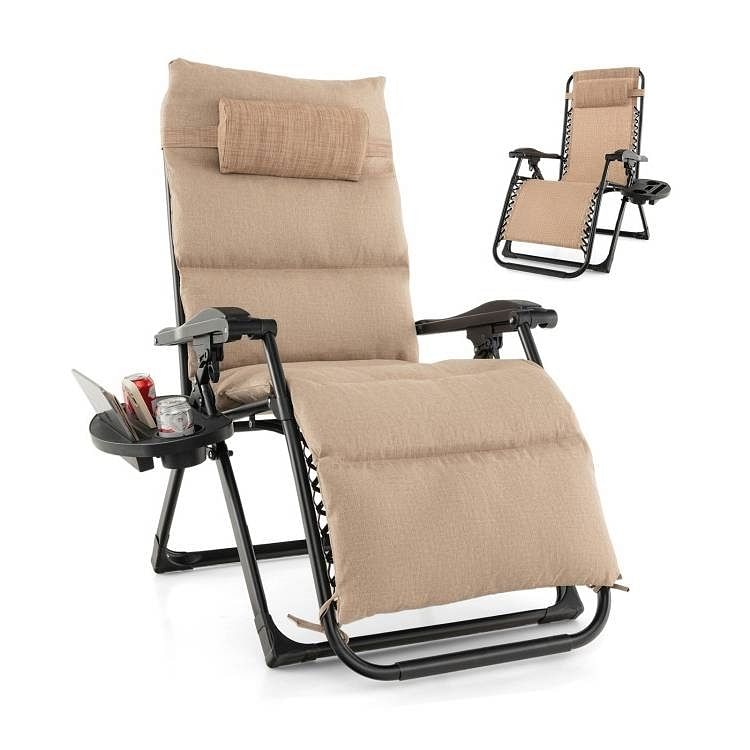 Tan Zero Gravity Adjustable Lounge Chair Removable Cushion Cup Holder Tray - Free Shipping