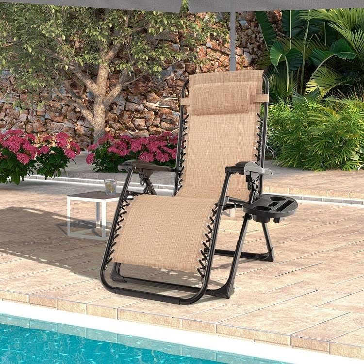 Tan Zero Gravity Adjustable Lounge Chair Removable Cushion Cup Holder Tray - Free Shipping