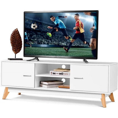 Modern 55-inch Solid Wood TV Stand in White Finish and Mid-Century Legs - Free Shipping 