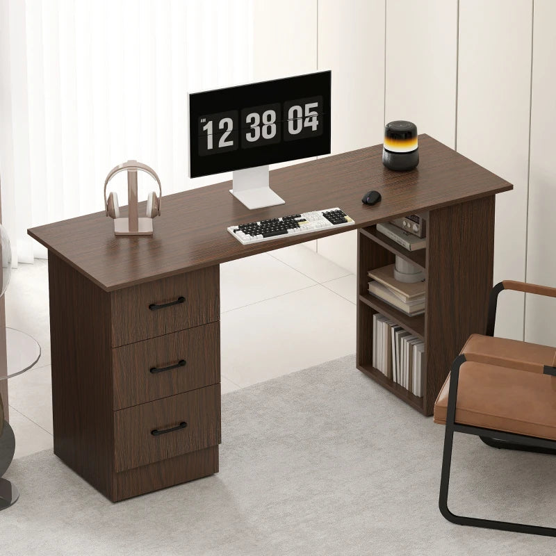 Computer Desk, 55" Writing Table with 3-Tier Shelves and 3 Reversible Drawers for Home Office, Bedroom, Walnut