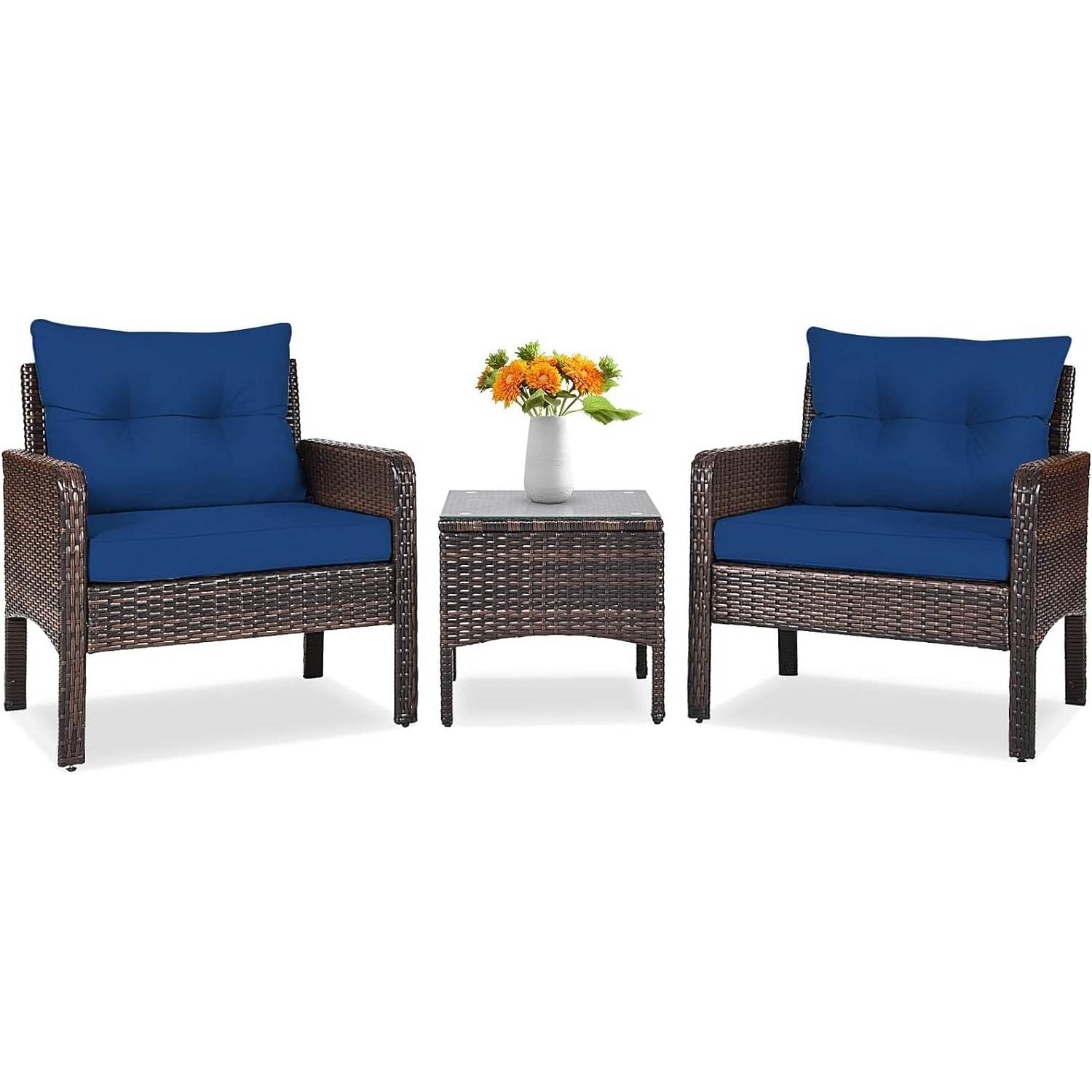 3-Piece Brown PE Rattan Outdoor Dining Patio Furniture Set with Blue Cushions - Free Shipping 