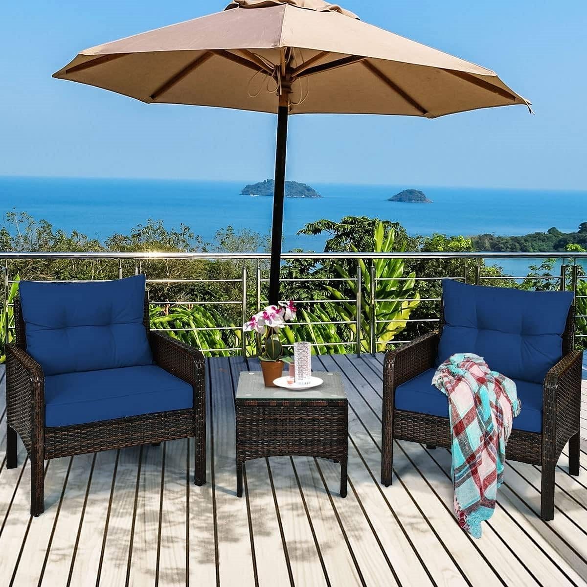 3-Piece Brown PE Rattan Outdoor Dining Patio Furniture Set with Blue Cushions - Free Shipping