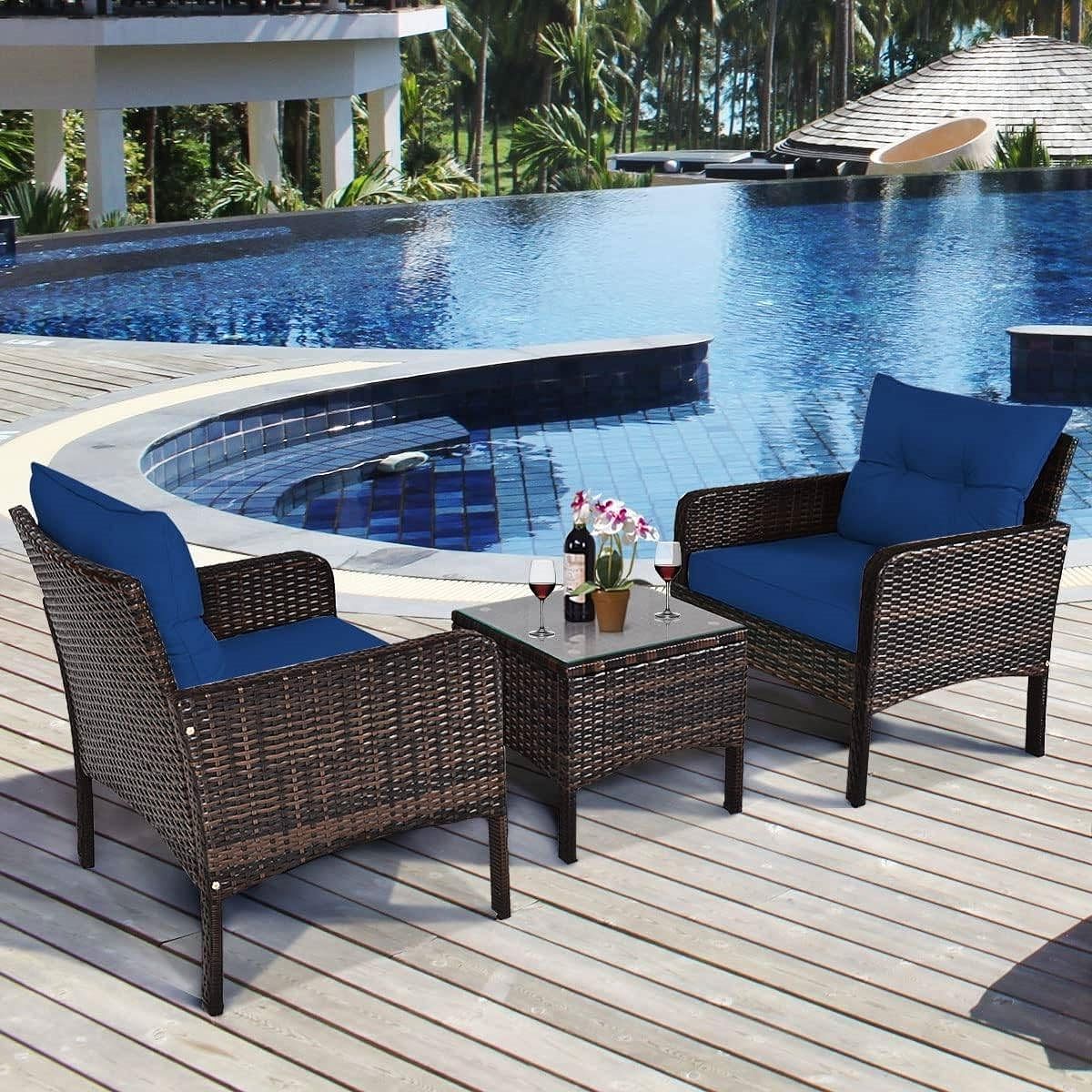 3-Piece Brown PE Rattan Outdoor Dining Patio Furniture Set with Blue Cushions - Free Shipping