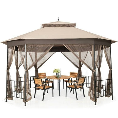 Outdoor 10 x 12 Ft Octagon Gazebo with Mosquito Net Sidewalls and Brown Canopy - Free Shipping 
