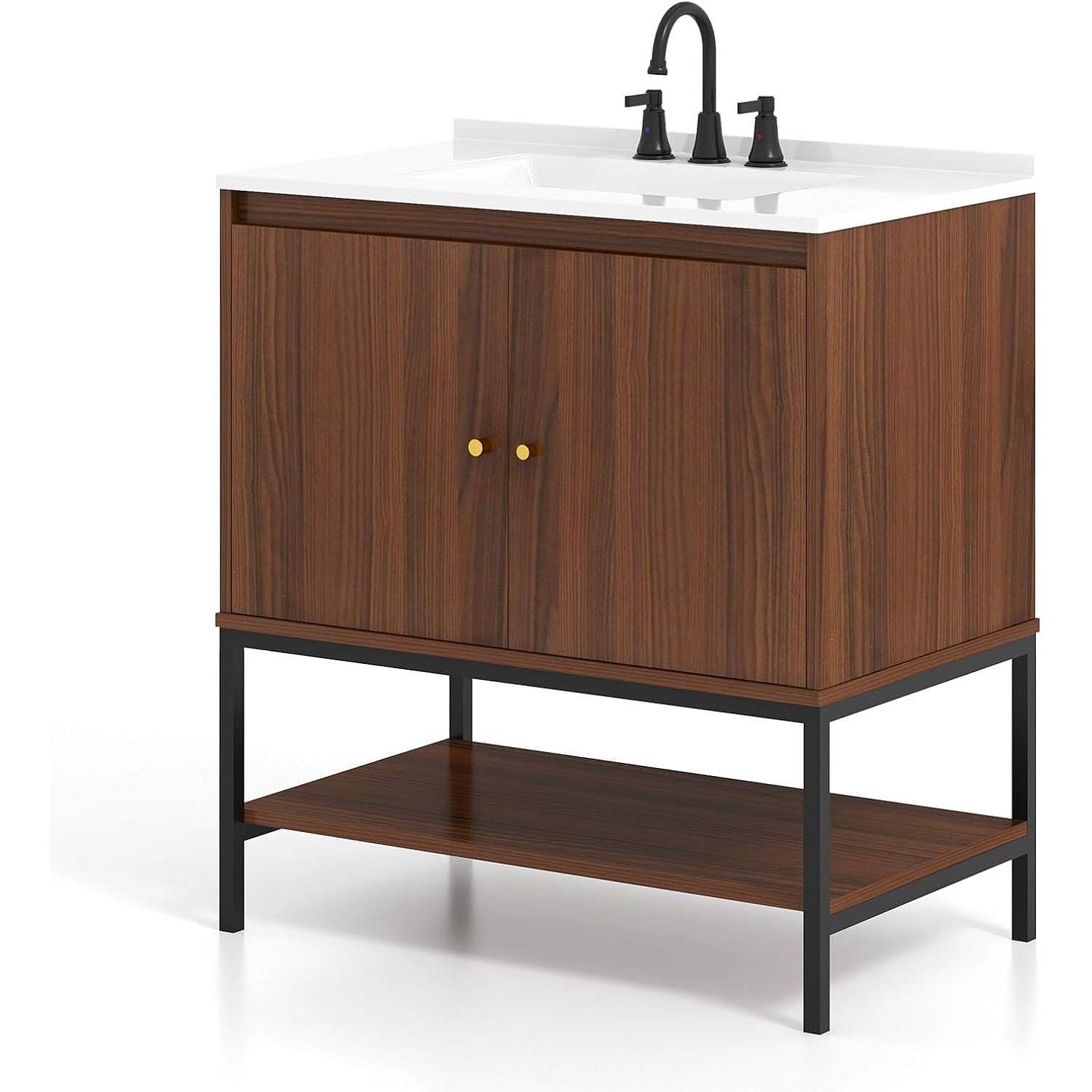 Modern Freestanding Bathroom Vanity in Walnut Wood Finish with Sink and Faucet - Free Shipping