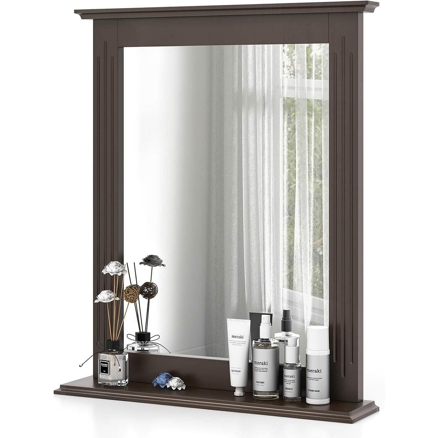 27-in x 22.5-in Bathroom Wall Mirror with Shelf in Dark Brown Wood Finish - Free Shipping 