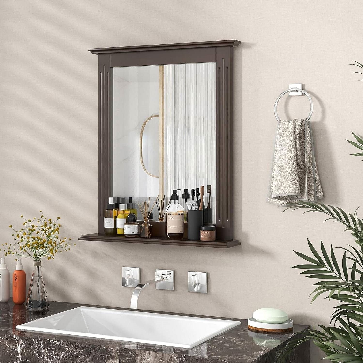 27-in x 22.5-in Bathroom Wall Mirror with Shelf in Dark Brown Wood Finish - Free Shipping