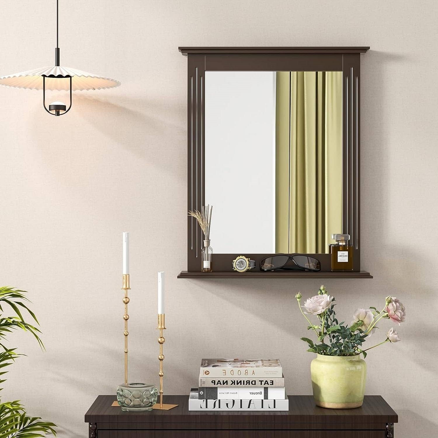 27-in x 22.5-in Bathroom Wall Mirror with Shelf in Dark Brown Wood Finish - Free Shipping