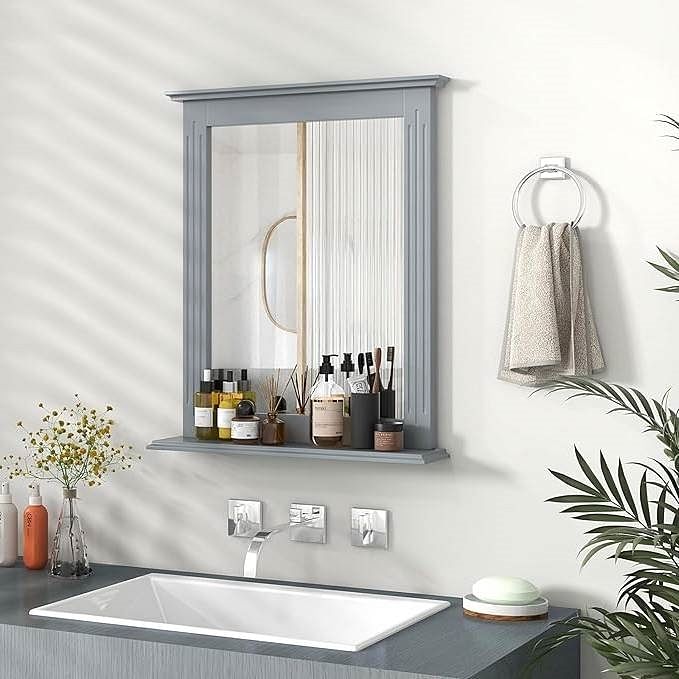 27-in x 22.5-in Bathroom Wall Mirror with Shelf in Gray Wood Finish - Free Shipping