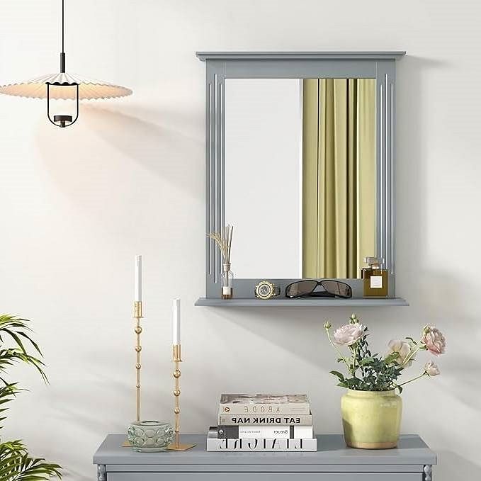 27-in x 22.5-in Bathroom Wall Mirror with Shelf in Gray Wood Finish - Free Shipping