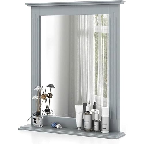 27-in x 22.5-in Bathroom Wall Mirror with Shelf in Gray Wood Finish - Free Shipping