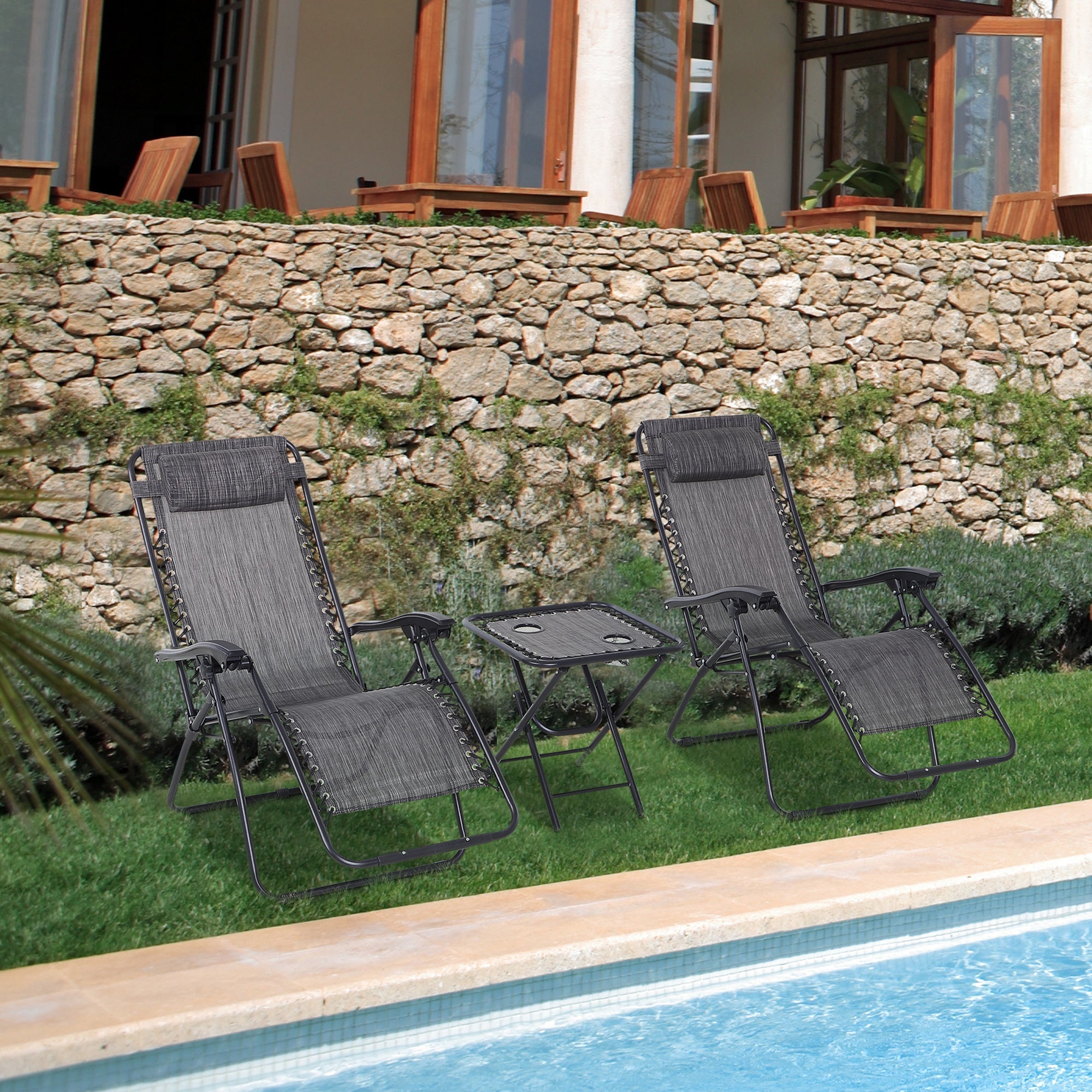 Outsunny Gravity-Defying Comfort: 3pcs Zero Gravity Lounger Chair Set, Patio Chaise Lounge with Side Table, Cup Holder, Dark Grey 