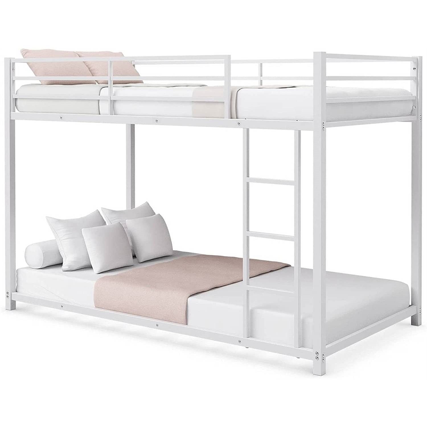 Twin over Twin Low Profile Modern Bunk Bed Frame in White Metal Finish - Free Shipping 