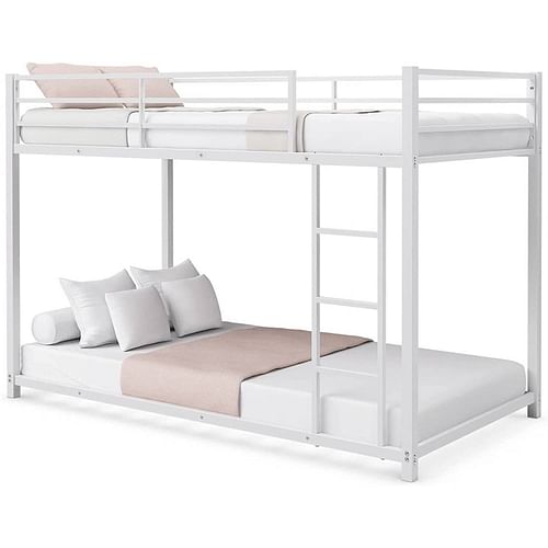 Twin over Twin Low Profile Modern Bunk Bed Frame in White Metal Finish - Free Shipping