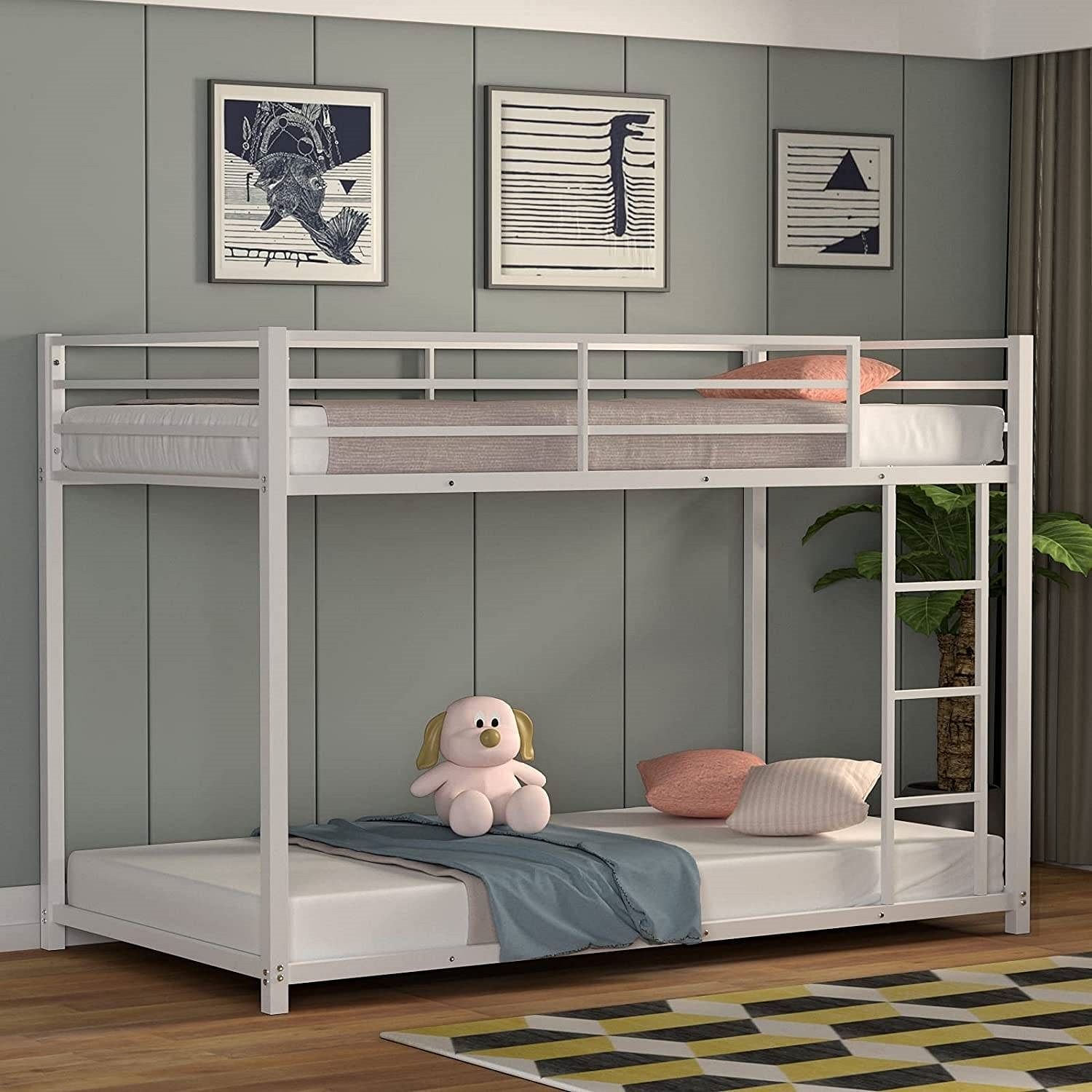 Twin over Twin Low Profile Modern Bunk Bed Frame in White Metal Finish - Free Shipping