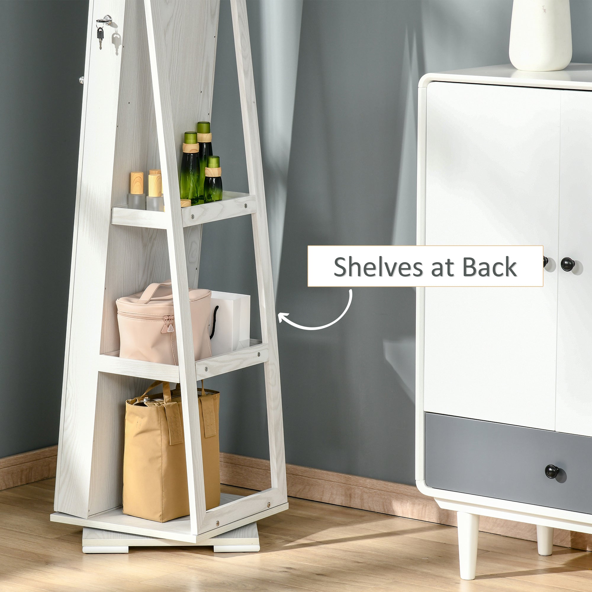 HOMCOM 360 Swivel Jewelry Cabinet with Full Length Mirror Lockable Organizer White 