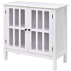 White Wood Bathroom Storage Floor Cabinet with Glass Doors - Free Shipping