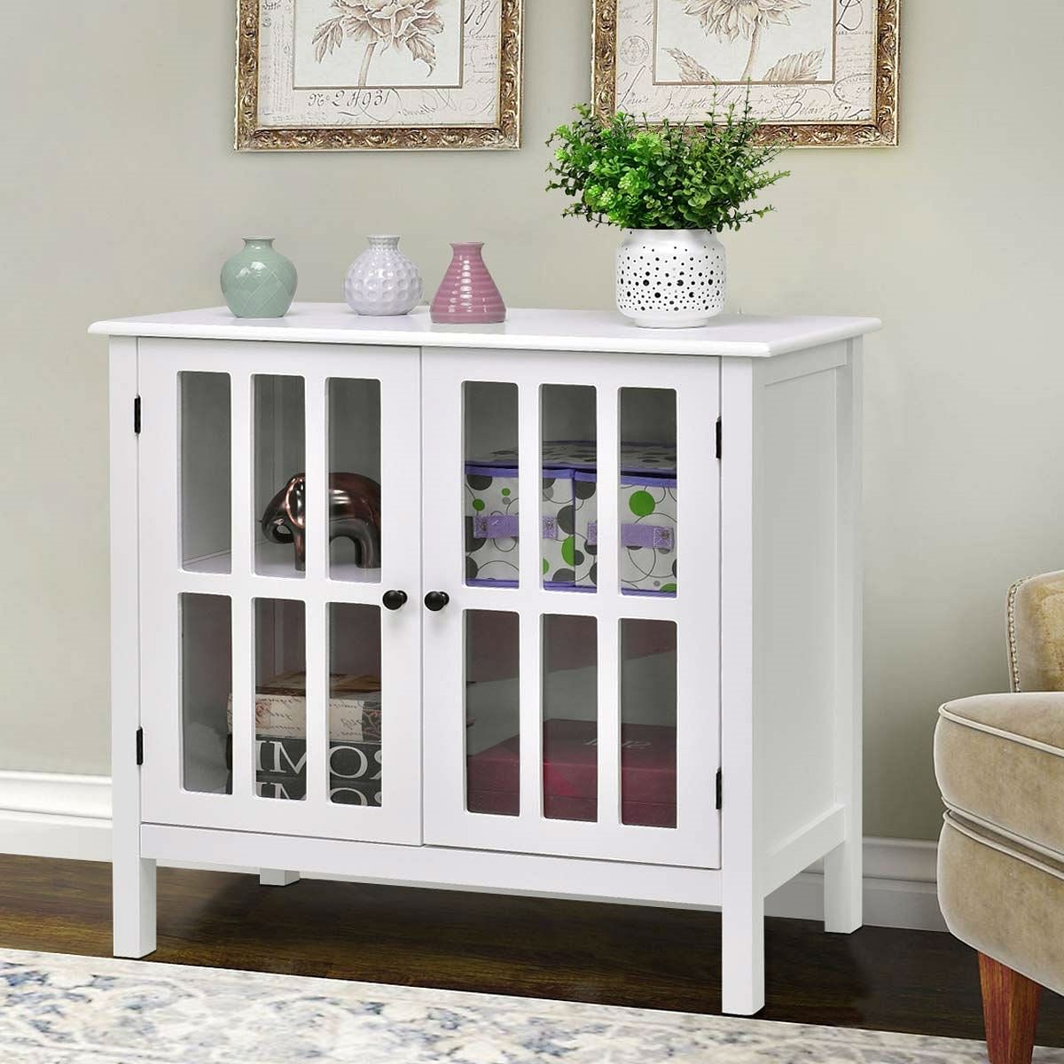 White Wood Bathroom Storage Floor Cabinet with Glass Doors - Free Shipping