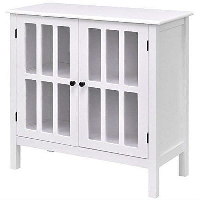 White Wood Bathroom Storage Floor Cabinet with Glass Doors - Free Shipping 