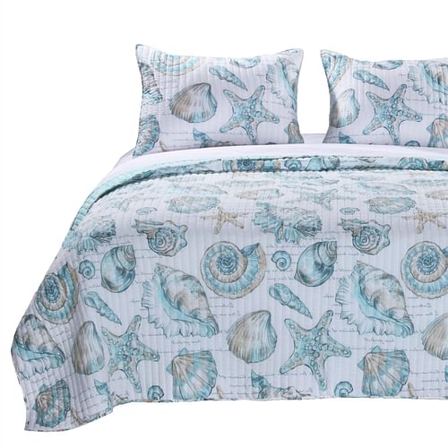 Twin Coastal Seashells White Teal 2 Piece Polyester Reversible Quilt Set - Free Shipping