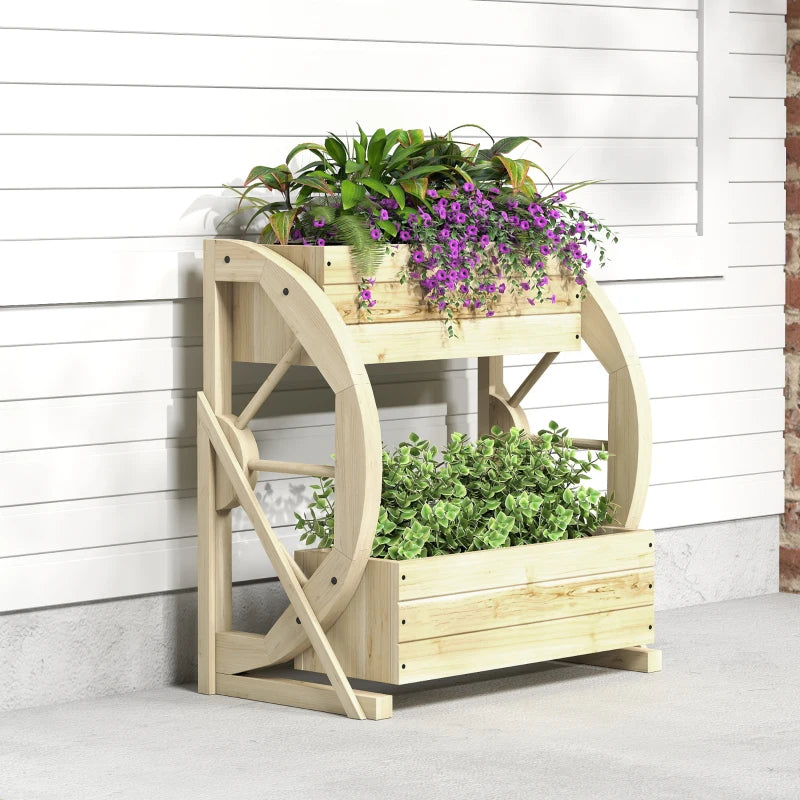 Wooden Wagon Planter Box, 2-Tier Raised Garden Bed, for Vegetables Flowers Herbs, Natural