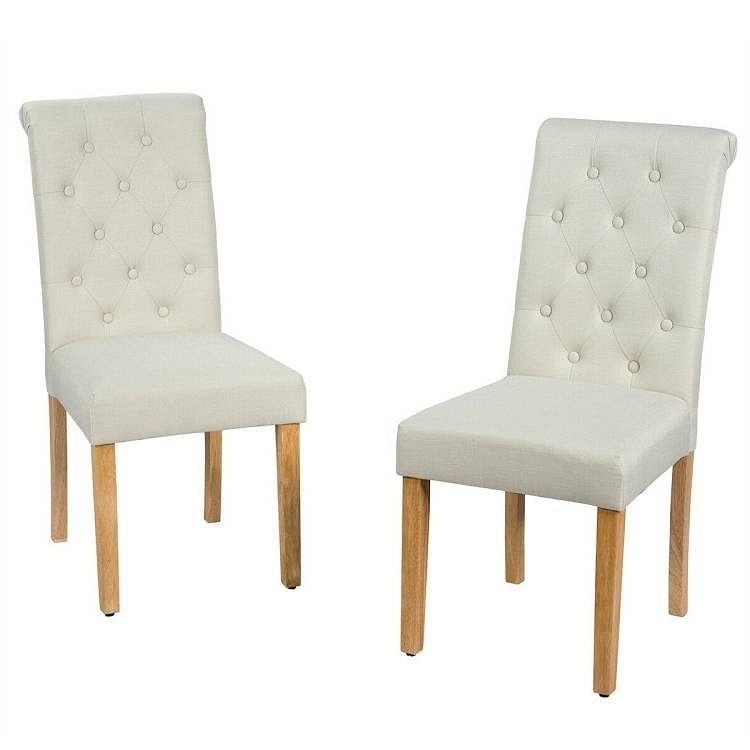 Set of 2 Beige Linen Button Tufted Dining Chair with Wood Legs - Free Shipping