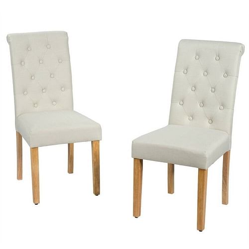 Set of 2 Beige Linen Button Tufted Dining Chair with Wood Legs - Free Shipping