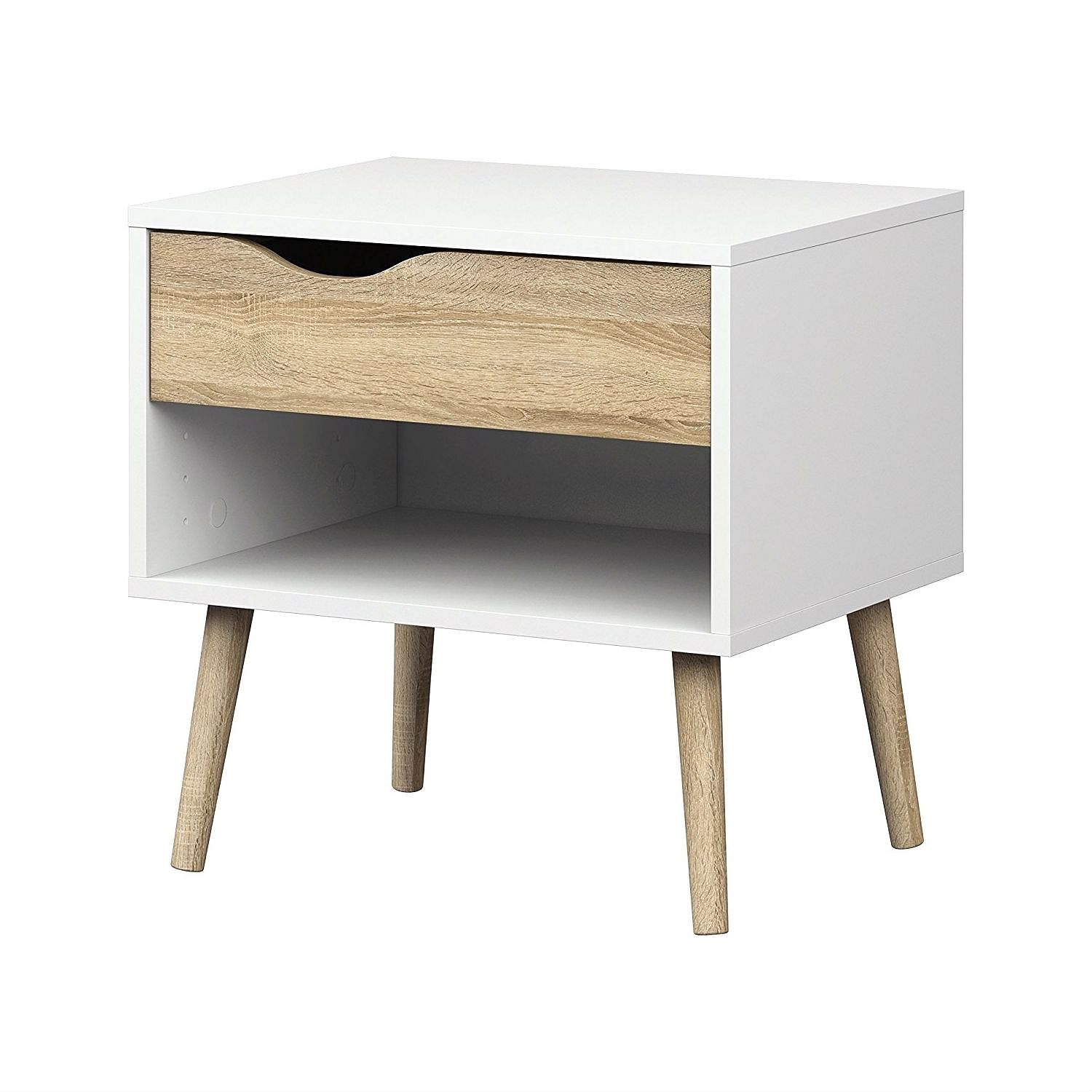 Modern Mid Century Style End Table Nightstand in White & Oak Finish - Free Shipping 