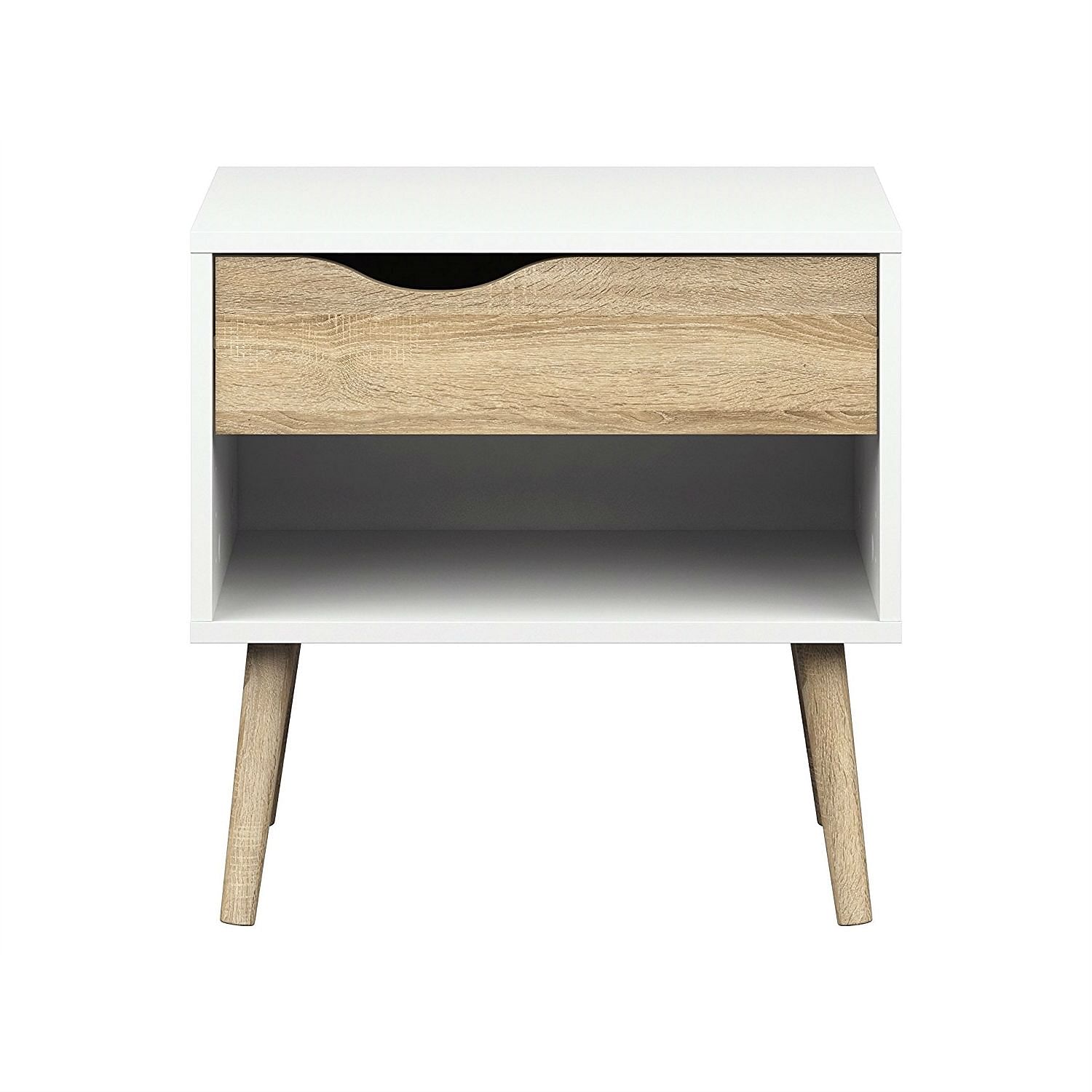 Modern Mid Century Style End Table Nightstand in White & Oak Finish - Free Shipping 