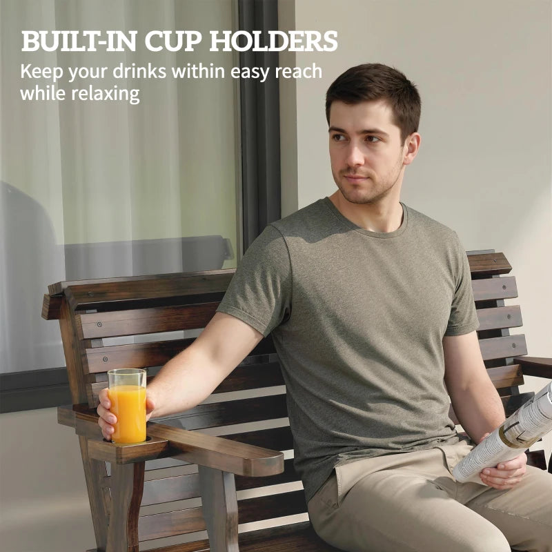 Outdoor Glider Bench, Wooden Glider Chair with 2 Cupholders, Slatted Seat and Armrests, Patio Swing Rocking Loveseat