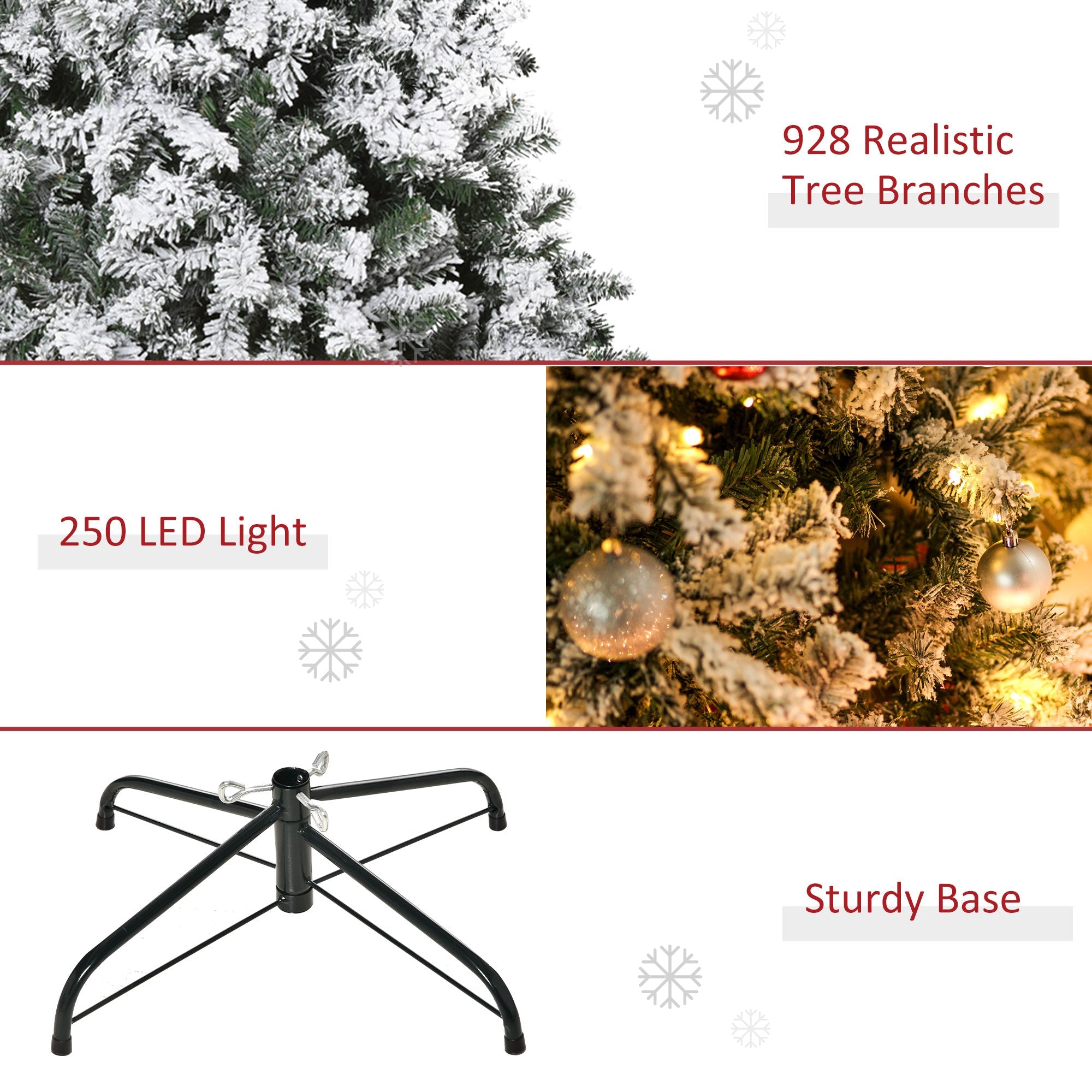 HOMCOM 6ft Tall Snow Flocked Artificial Tree with 928 Branches 250 LED Warm White Light for Holiday Home Christmas Decoration, Green 
