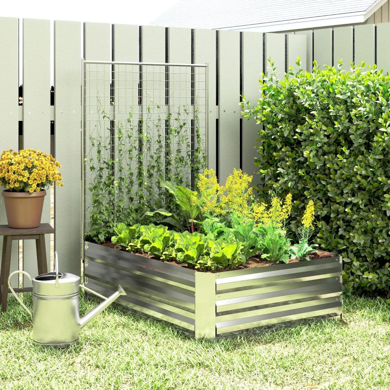 Galvanized Raised Garden Bed with Trellis for Climbing Plants, Outdoor Planter Box with Open Bottom, Silver