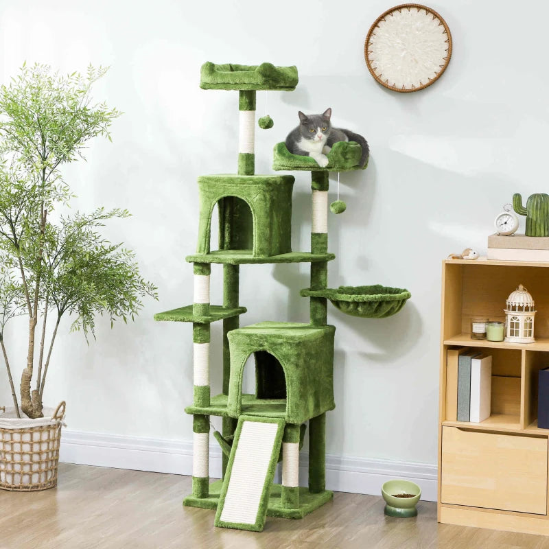 Cat Tree, 70" Multi-Level Cat Tower with 2 Condos, 2 Perches, Hammock, Toy Balls, Scratching Posts and Board, Green