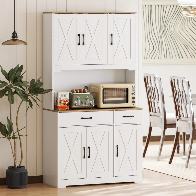Tall Kitchen Pantry, 6 Doors, 2 Drawers, Adjustable Shelves & Worktop, Rustic Storage Cabinet for Living Room White