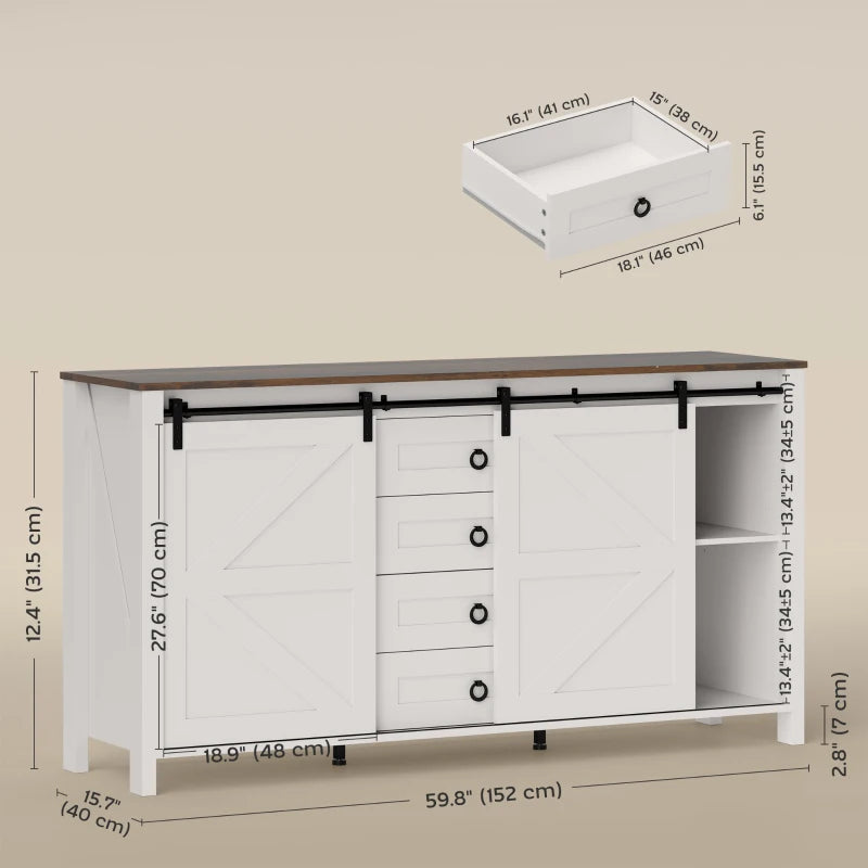 60" Buffet Cabinet, Farmhouse Sideboard with Sliding Barn Doors, Drawers and Adjustable Shelves, Cream White