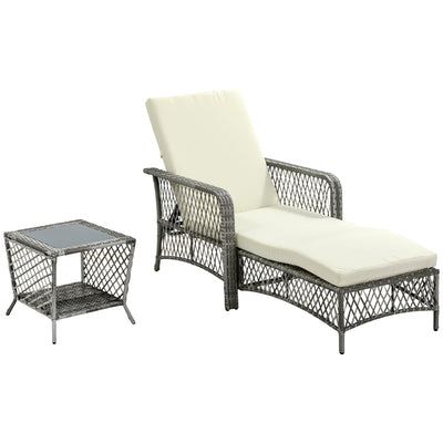 Outsunny Rattan Sun Lounger Set 2PC Deluxe Outdoor Recliner PE Wicker Patio Garden Chaise Cream White 