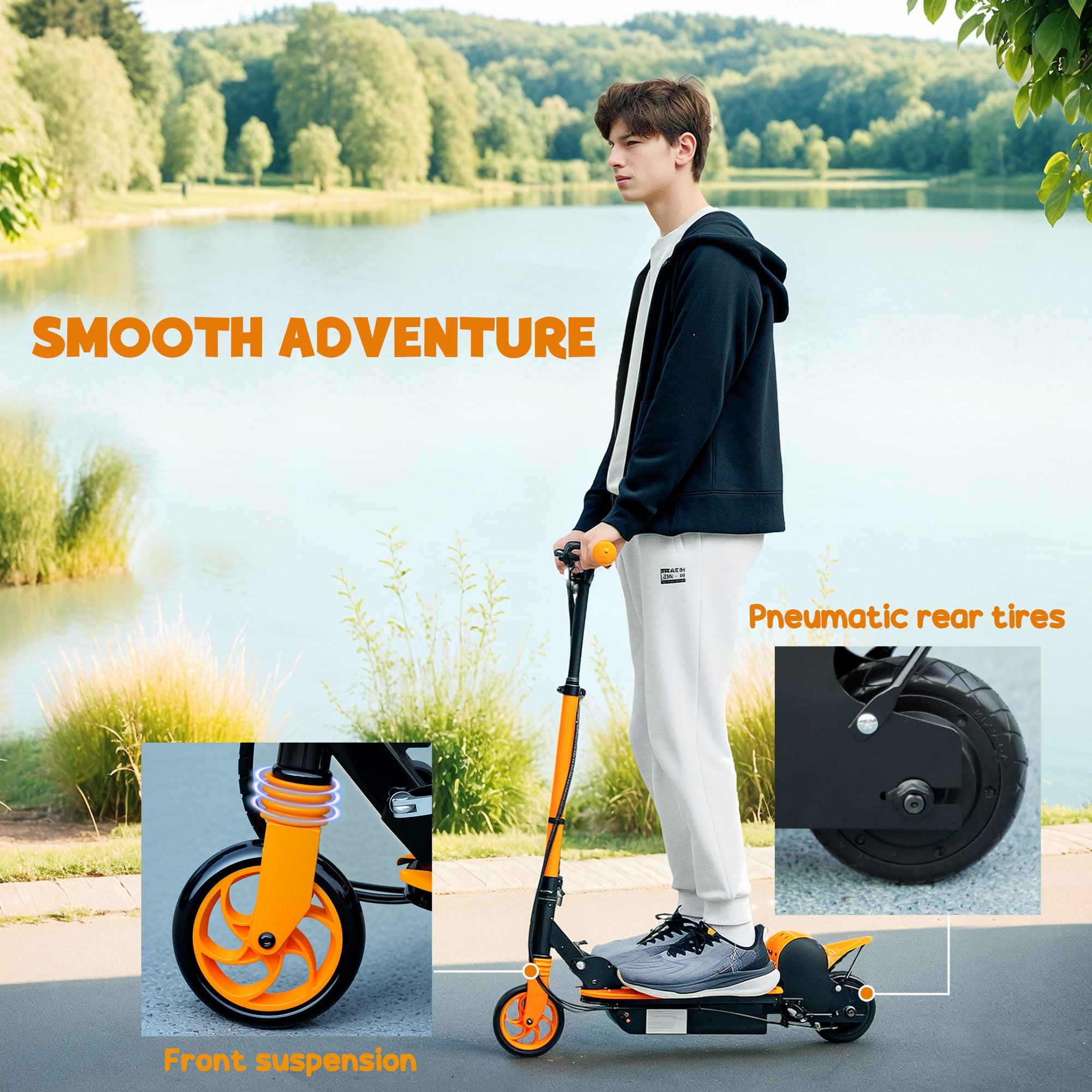Soozier Foldable Electric Scooter for Kids Ages 6-14, with Seat and 2 Adjustable Heights, Max 6km Range & 12km/h, Orange 
