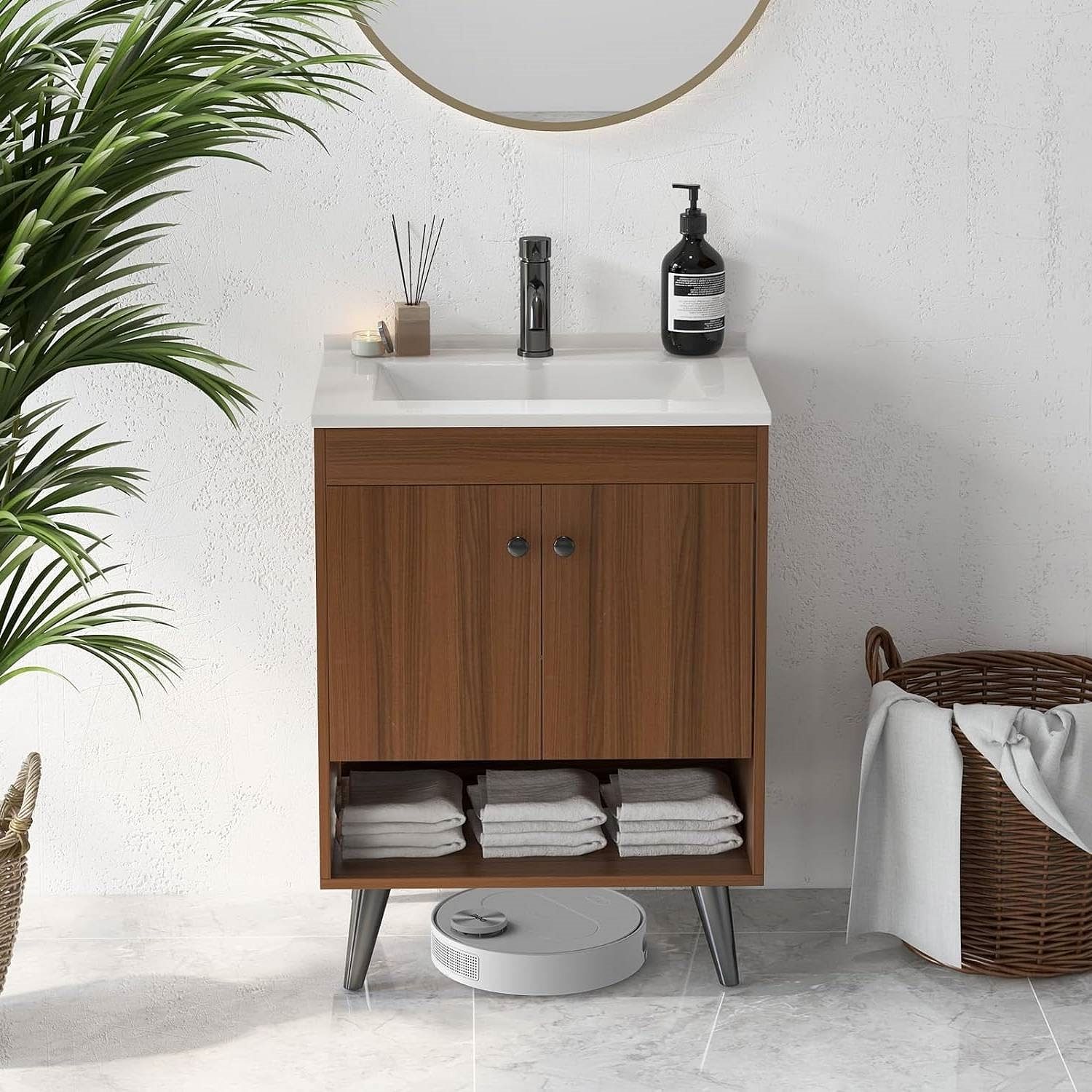 Mid-Century Modern Bathroom Vanity in Walnut Wood Finish with Sink - Free Shipping